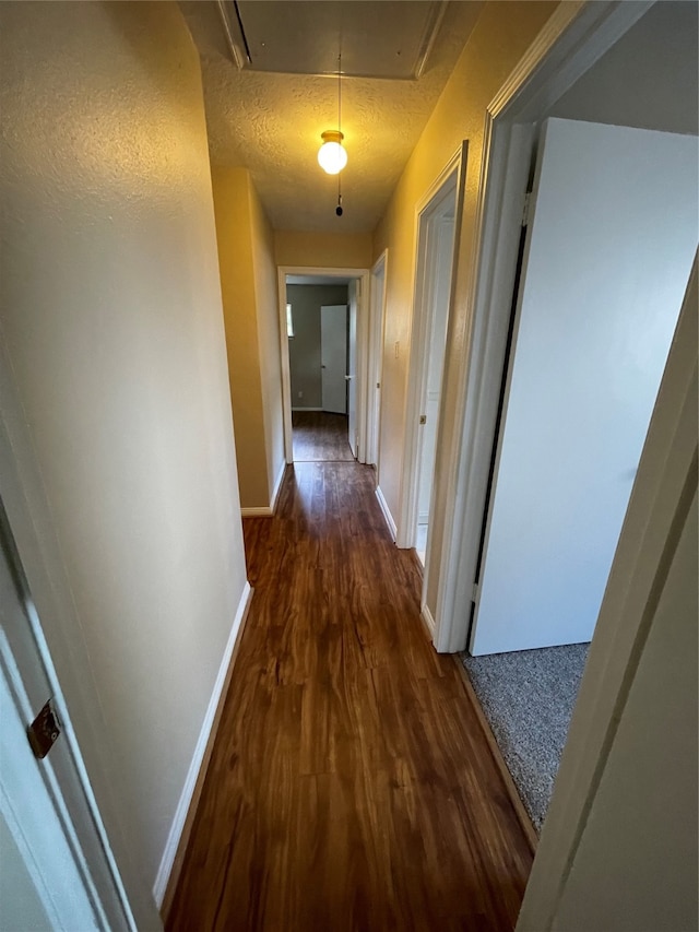 corridor featuring a textured ceiling and dark hardwood / wood-style floors