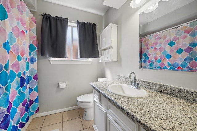 bathroom featuring vanity, toilet, tile patterned floors, and a shower with shower curtain