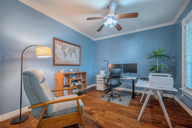 office space featuring crown molding, wood-type flooring, and ceiling fan