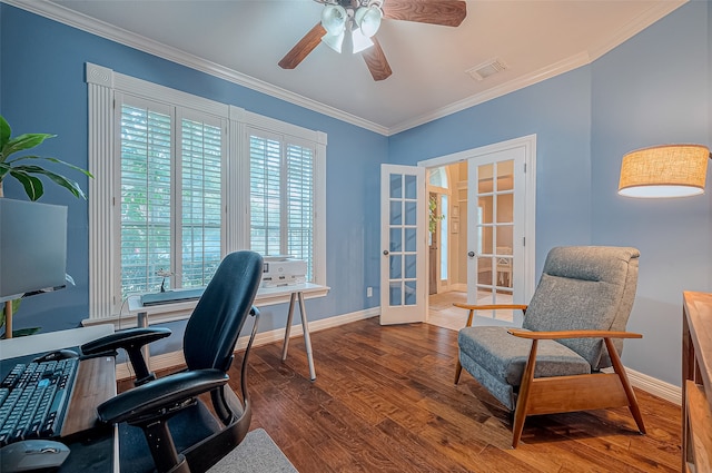 office space with french doors, ceiling fan, dark wood-type flooring, and crown molding