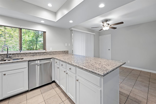 kitchen with white cabinetry, kitchen peninsula, and stainless steel dishwasher