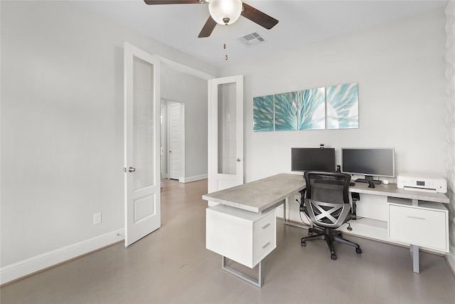 office area featuring light hardwood / wood-style floors, french doors, and ceiling fan