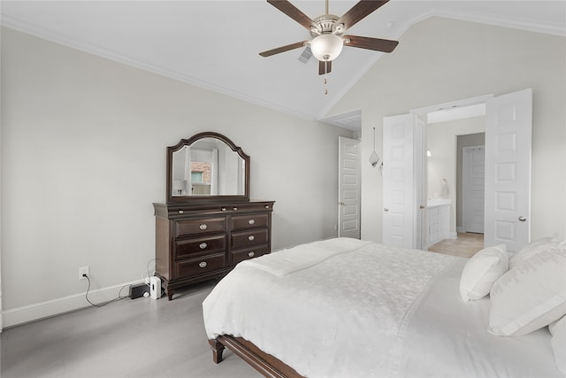 bedroom with ensuite bath, ornamental molding, high vaulted ceiling, and ceiling fan