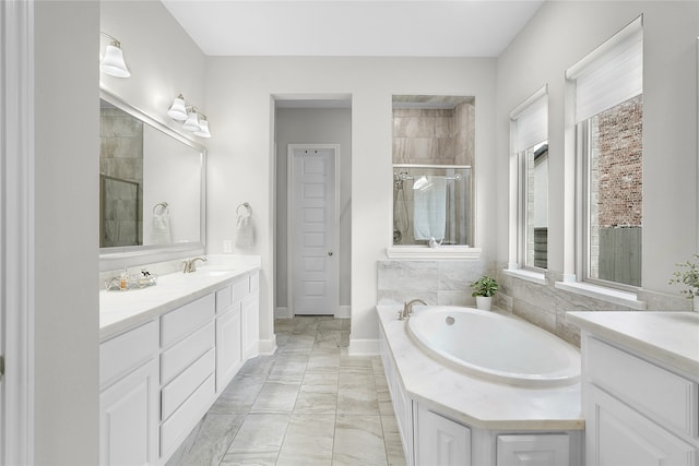 bathroom with vanity and plus walk in shower