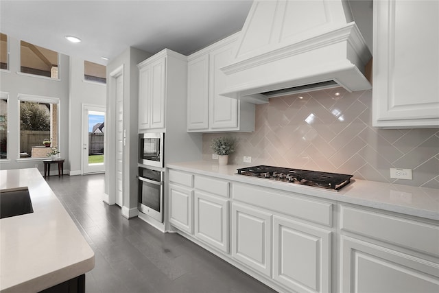 kitchen with white cabinetry, stainless steel appliances, custom exhaust hood, dark wood-type flooring, and decorative backsplash