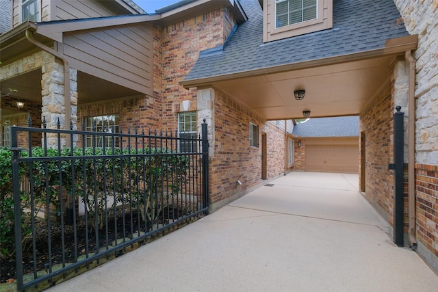 view of patio / terrace featuring a garage