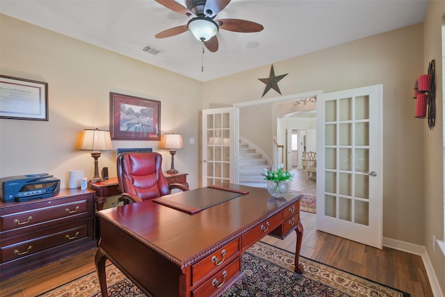 office area featuring french doors, ceiling fan, and hardwood / wood-style floors