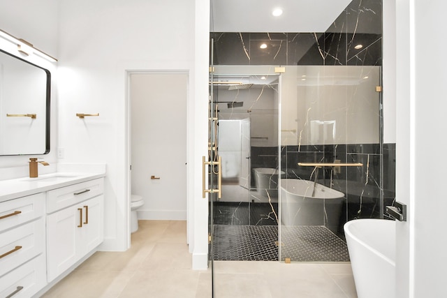 full bathroom featuring tile patterned flooring, vanity, toilet, and plus walk in shower