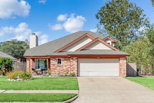 7415 Cavesson Dr, Cypress, TX 77433 - view of front facade featuring brick siding, an attached garage, concrete driveway, a shingled roof, and a chimney