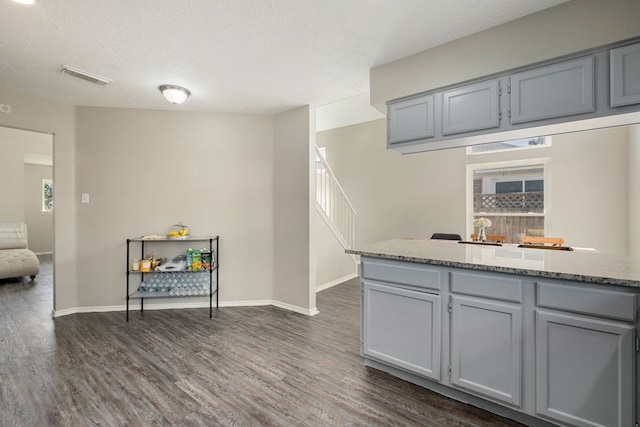 kitchen with light stone countertops, a textured ceiling, dark hardwood / wood-style flooring, and plenty of natural light