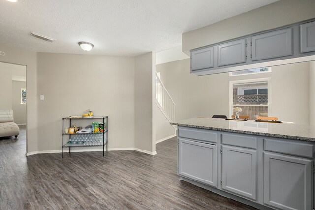 7415 Cavesson Dr, Cypress, TX 77433 - kitchen featuring gray cabinets, dark wood-style floors, baseboards, light stone counters, and a textured ceiling