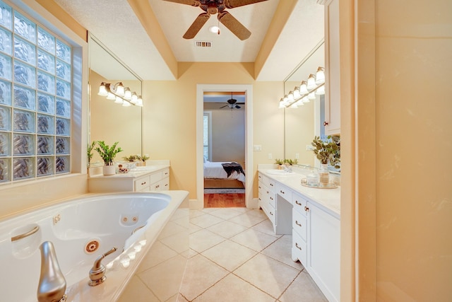 bathroom with vanity, tile patterned flooring, and ceiling fan