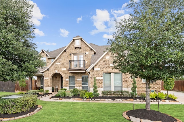 view of front facade with a front yard and a balcony