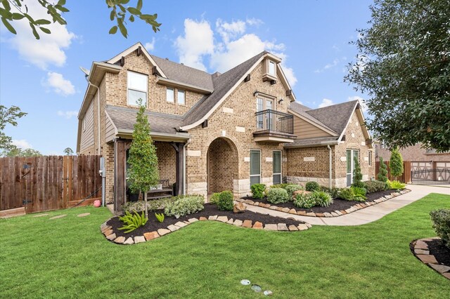 craftsman-style house with a front yard and a balcony