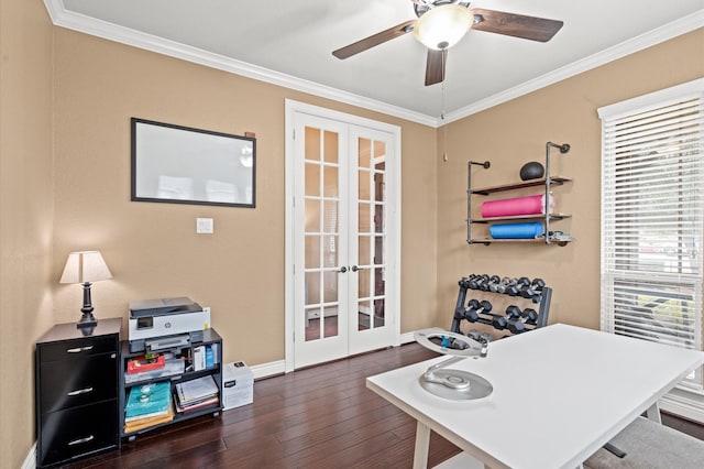 home office with french doors, ceiling fan, ornamental molding, and dark hardwood / wood-style flooring