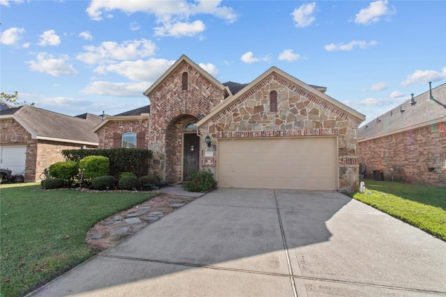 view of front facade with a garage and a front lawn