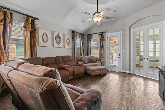 living room with french doors, dark hardwood / wood-style flooring, vaulted ceiling, and ceiling fan