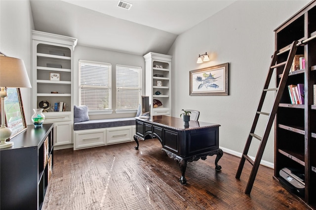 home office featuring lofted ceiling and dark wood-type flooring