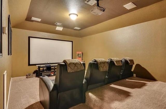 carpeted home theater room with a textured ceiling and a tray ceiling