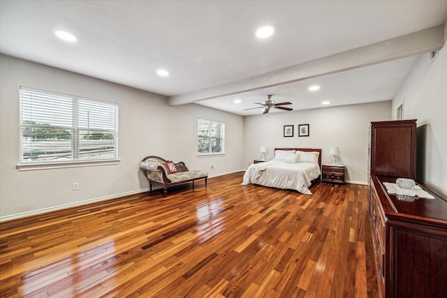 3227 Audley St, Houston, TX 77098 - bedroom featuring wood finished floors, beam ceiling, recessed lighting, and a ceiling fan