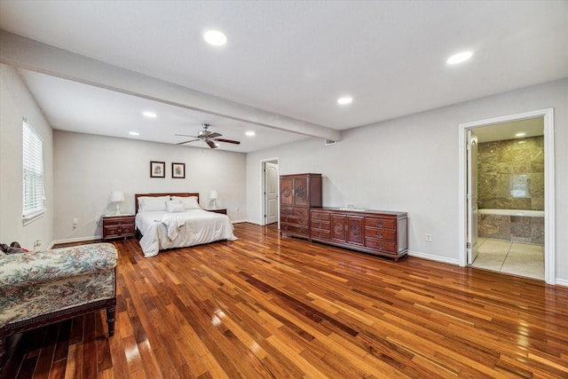 3227 Audley St, Houston, TX 77098 - bedroom with hardwood / wood-style flooring, recessed lighting, a ceiling fan, ensuite bath, and beam ceiling