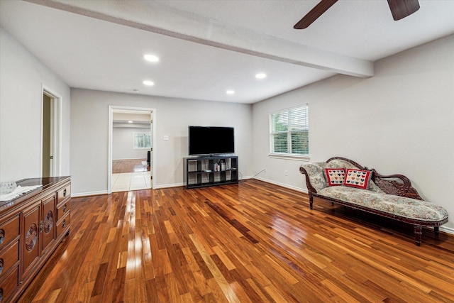 3227 Audley St, Houston, TX 77098 - living area featuring wood finished floors, a ceiling fan, recessed lighting, and beamed ceiling