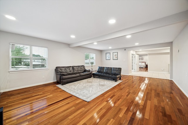 living room with light hardwood / wood-style flooring