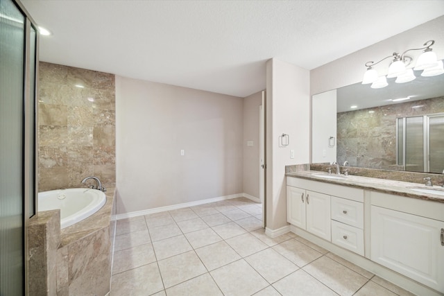 bathroom featuring separate shower and tub, tile patterned flooring, and vanity