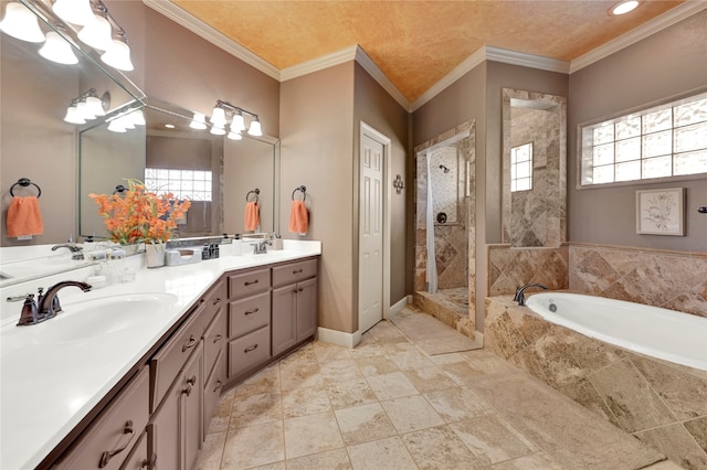 bathroom featuring vanity, crown molding, and plus walk in shower