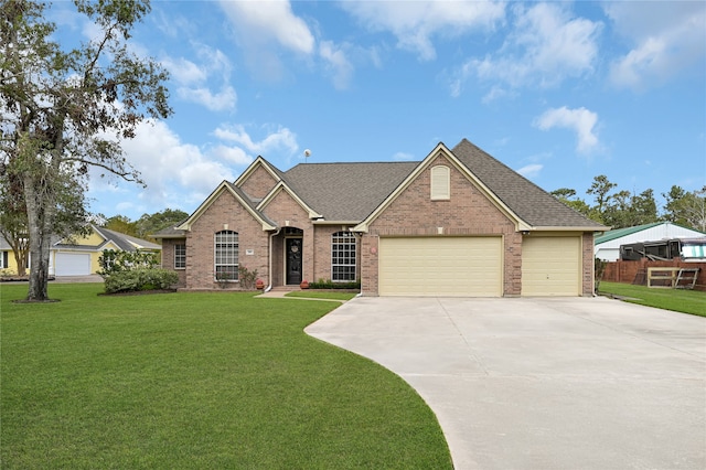 view of front of property with a front lawn and a garage