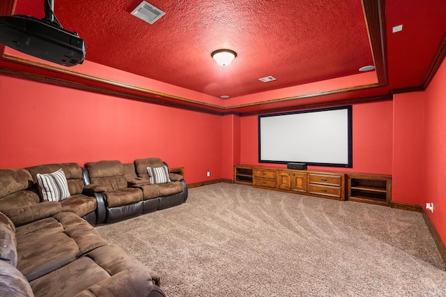 carpeted home theater room featuring a textured ceiling and a tray ceiling