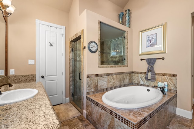 bathroom with vanity, plus walk in shower, and lofted ceiling