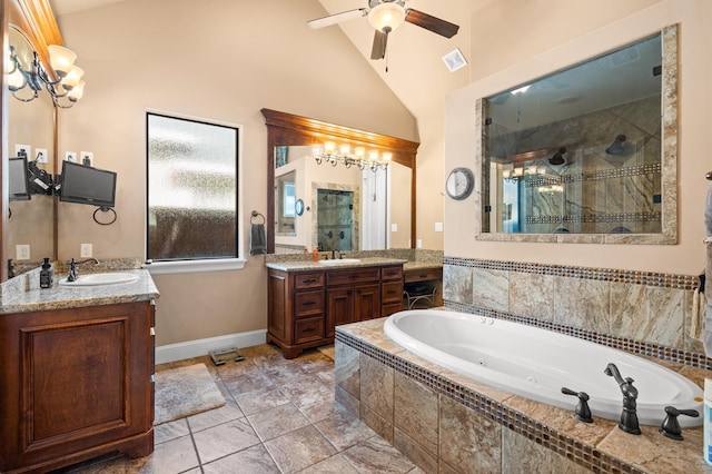 bathroom featuring vanity, ceiling fan, high vaulted ceiling, and separate shower and tub