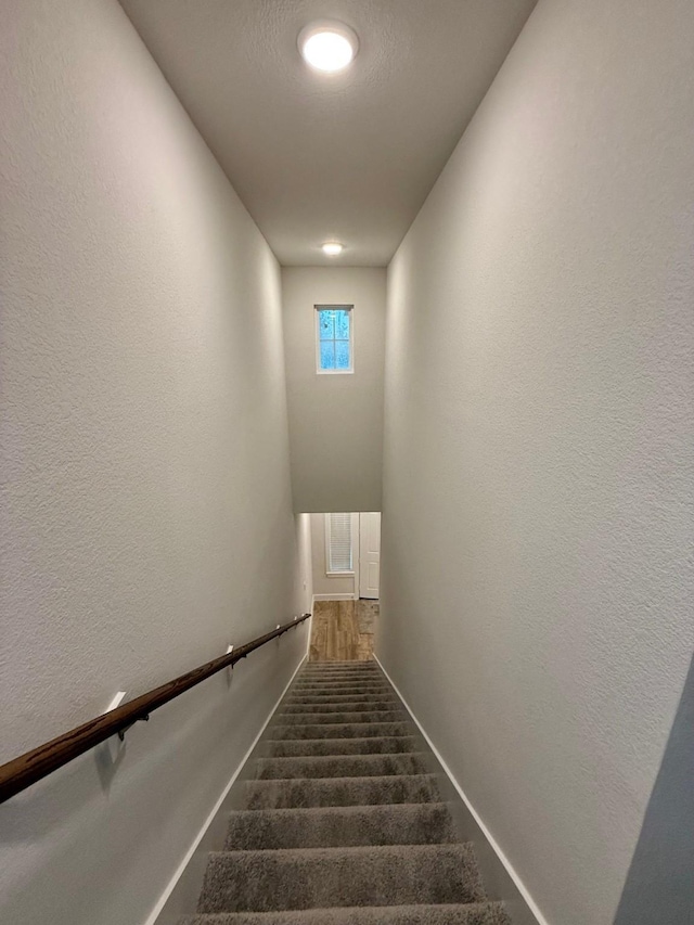 staircase with carpet flooring and baseboards