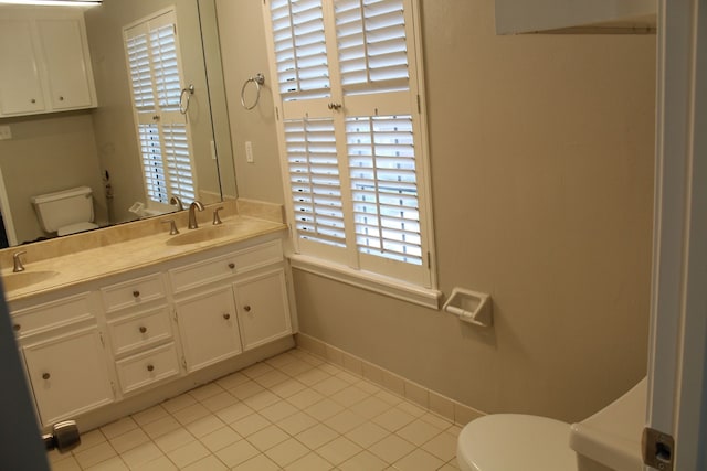 bathroom featuring toilet, vanity, and tile patterned flooring