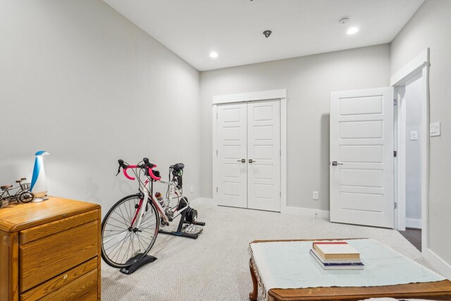 workout area featuring carpet flooring