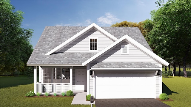 view of front of home featuring a front lawn, covered porch, and a garage