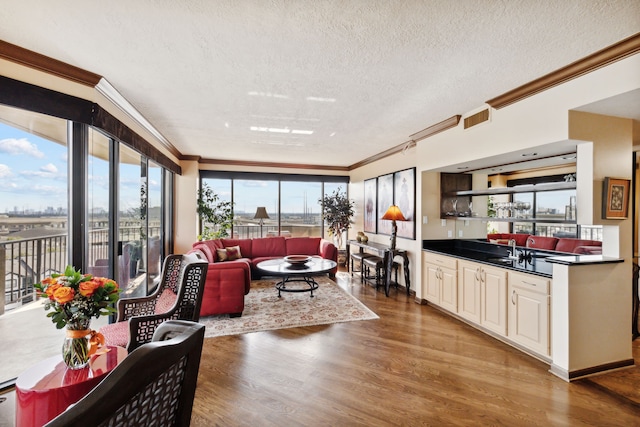 living room featuring sink, a textured ceiling, ornamental molding, and hardwood / wood-style floors