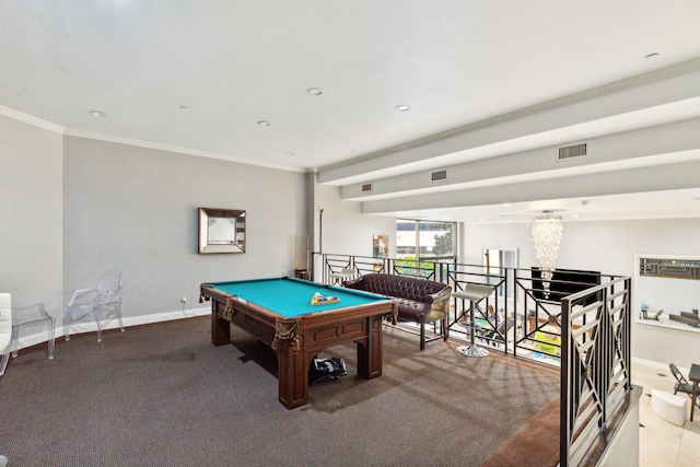 game room featuring ornamental molding, a notable chandelier, carpet floors, and billiards