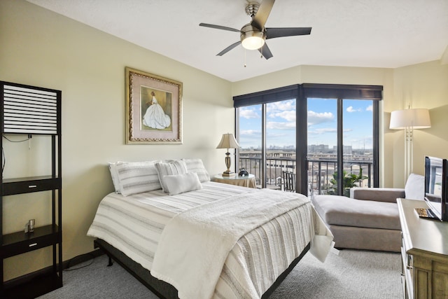 carpeted bedroom with access to outside and ceiling fan