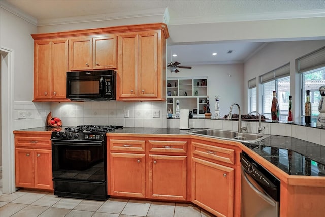 kitchen with kitchen peninsula, light tile patterned flooring, black appliances, crown molding, and sink