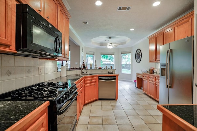 kitchen featuring black appliances, a raised ceiling, ceiling fan, decorative backsplash, and light tile patterned floors