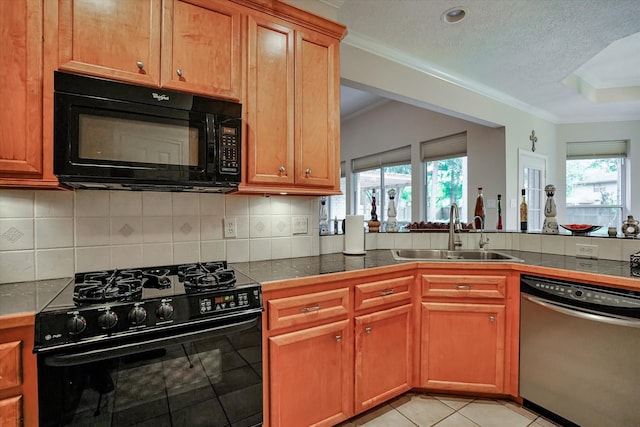 kitchen with black appliances, sink, ornamental molding, decorative backsplash, and light tile patterned floors