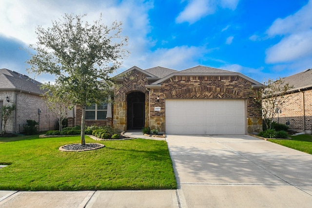 view of front of home with a front lawn and a garage