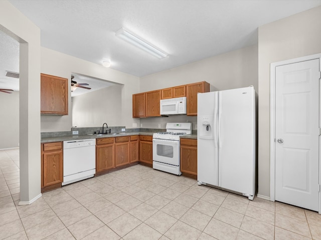 kitchen featuring white appliances, ceiling fan, sink, and light tile patterned floors