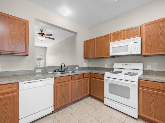 kitchen with ceiling fan, sink, light tile patterned floors, and white appliances