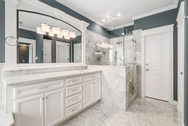 bathroom featuring vanity, crown molding, and walk in shower