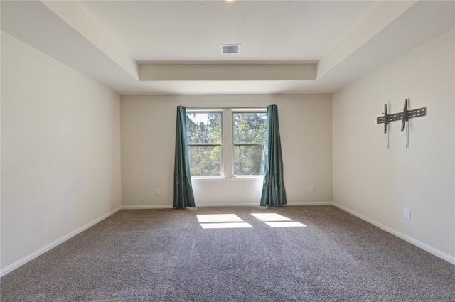 empty room featuring a tray ceiling and carpet flooring