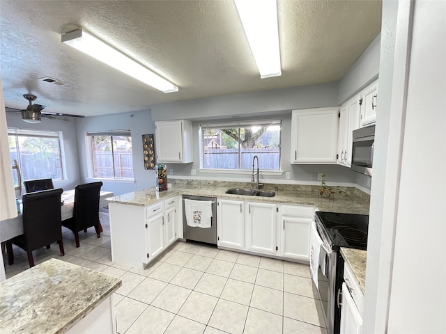 kitchen featuring appliances with stainless steel finishes, sink, kitchen peninsula, ceiling fan, and white cabinets