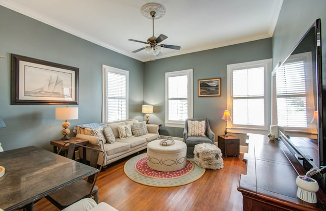 living room featuring a wealth of natural light, crown molding, wood-type flooring, and ceiling fan